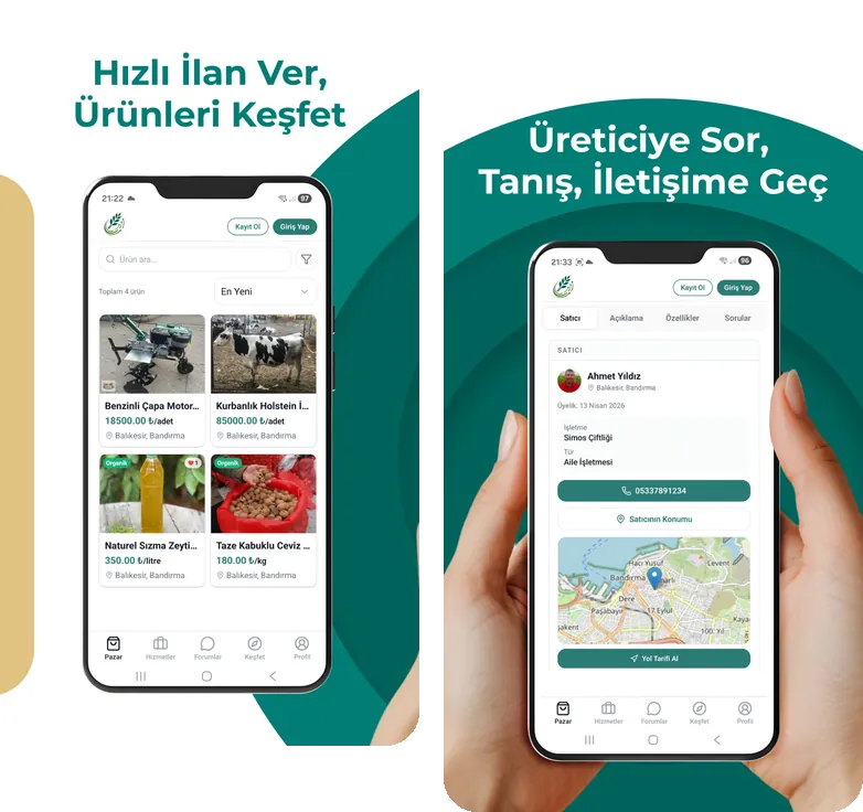 Tarım Ağı mobil uygulamasında pazar ve üretici ekranları