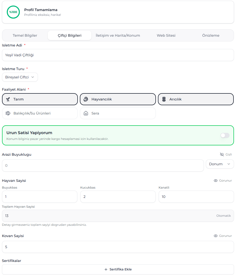 Çiftçi profil ekranı