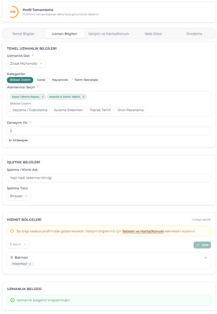Uzman profil ekranı